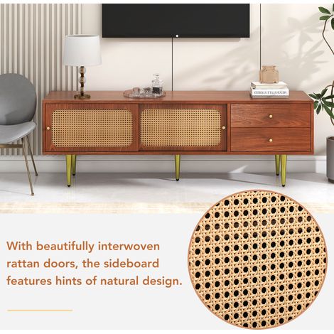 Meuble TV en rotin foncé et noyer, 2 portes coulissantes, 2 tiroirs, 4 compartiments, meuble bas avec rangement pratique, 160x40x60cm, style élégant. (1/5)