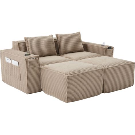Sofá modular de 2 plazas de pana con 2 pufs, portavasos y bolsillos, beige (1/5)