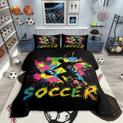 Parure de lit en microfibre avec housse de couette 135 x 200 cm et 1 taie d'oreiller Motif football arc-en-ciel batik Splatter Art joueur de football (1/5)