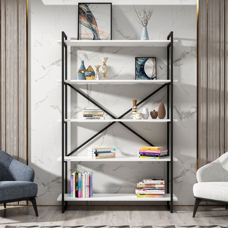 Decorotika Elston 5-Tier Metal Frame Biblothèque Bookshelf Etager Display Unit - Noir/Blanc (1/4)