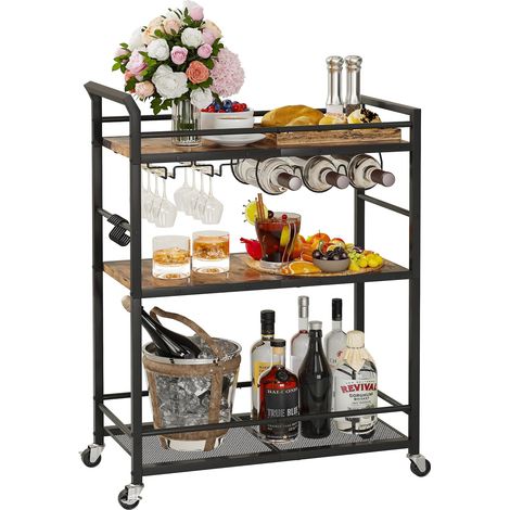 Chariot de Bar Desserte pour Boissons Chariot de Service à 3 Niveaux sur roulettes Chariot de Cuisine Roulant pour La Fête à la Maison Brun Rustique (1/5)