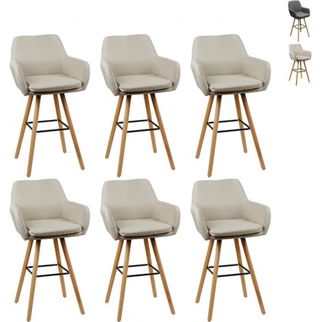 Tabourets de Bar Lot de 6 en Tissu de Lin, Tabouret de Bar avec Dossier et Accoudoirs Pieds en Bois, Siège de Bar Confortable Chaises Hautes 64cm, Beige (1/5)