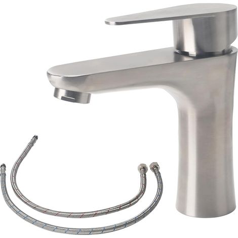 Mitigeur Lavabo en Acier Inoxydable 304, Robinet Salle Bain avec Tuyau, Robinet Lavabo avec Accessoires de Montage, eau Chaude et Froide Lave Main (Couleur Brossée) (1/5)