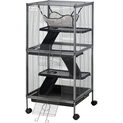 Kleintierkäfig, 4 Ebenen, mobil, mit Rollen, 2 Türen, 3 Rampen, Hängematte, herausnehmbarer Wanne, 52 x 52 x 113,5 cm, Grau