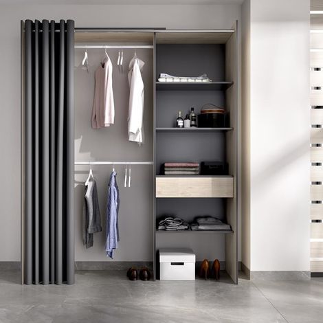 DEKIT - Kit Vestidor con cajón y cortina color Natural y Grafito 205x160x50 cm modelo SUIT (1/5)