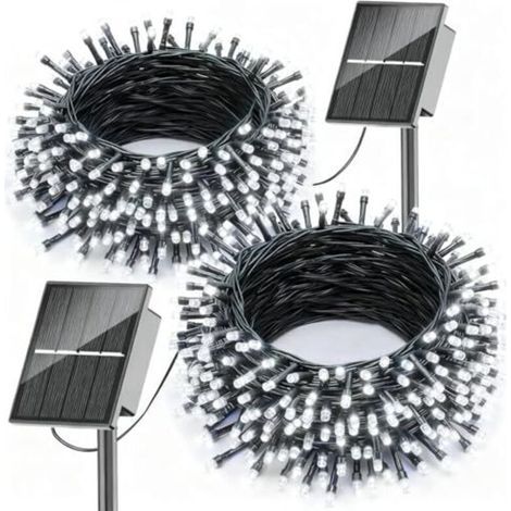 Lot de 2 guirlandes lumineuses solaires de Noël pour extérieur, 12 m, 100 LED, 8 modes d'éclairage, étanches, pour jardin, arbre, terrasse ou balcon, blanches. (1/4)