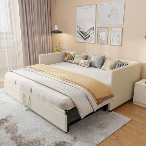 Lit gigogne 2 places 90/180x200 cm, Canapé-lit Convertible rembourré avec sommier à Lattes, Convertible Extensible, Velours, Beige