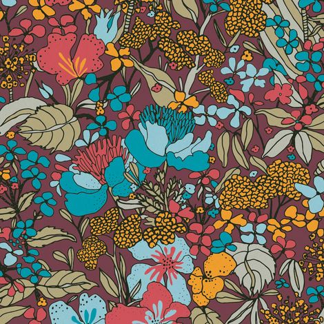 Papier peint fleuri multicolore années 60 Tapisserie marron, jaune et bleu motif fleur Papiers peints couloir motif floral (1/4)