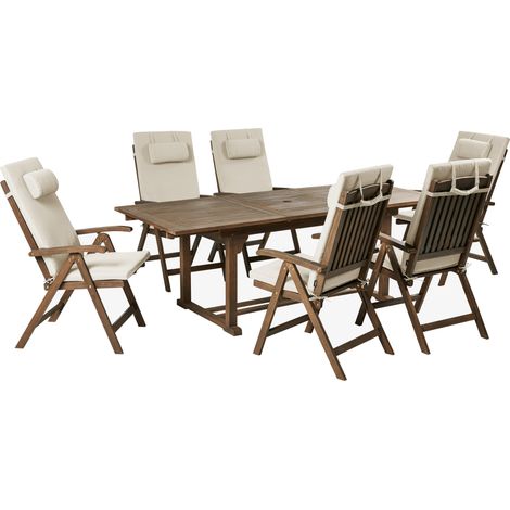 Conjunto de comedor exterior rústico 6 plazas mesa extensible sillas reclinables madera acacia oscura con cojines gris pardo Amantea Premium