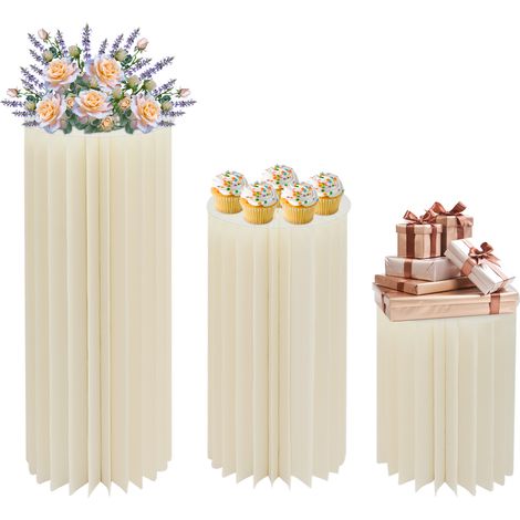 3 pièces de colonnes de fleurs vases en carton, centres de table pliables avec Plaques en PVC, colonne en forme de cylindre, pour décoration de mariage ou de jardin ( 40 cm, 60 cm, 80 cm) (1/5)