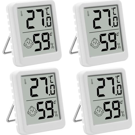 Ensemble de 4 thermomètres/hygromètres d'intérieur écran LCD avec affichage smiley, chambre bébé, salon, bureau, serre, blanc.