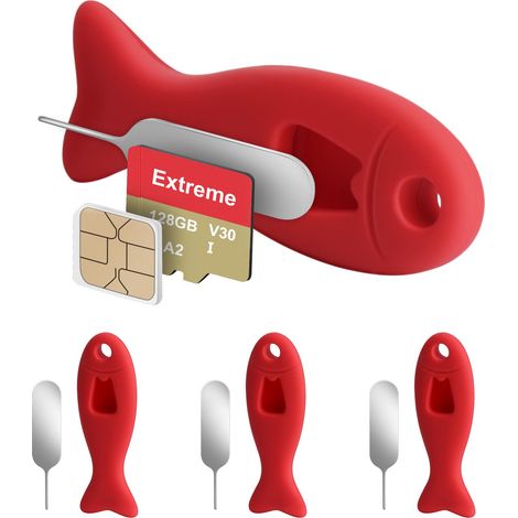 Kit de 4 outils d'extraction de carte SIM en forme de poisson rouge avec rangement intégré, broches d'éjection incluses, compatible avec iPhone et autres téléphones portables. (1/5)