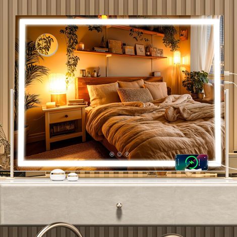 Miroir de beauté avec lumières, 70 x 50 cm Miroir de Maquillage LED avec grossissement 10x et 3 températures de Couleur, Miroir de Table à Commande Tactile, Rotation à 360°, Blanc (1/5)