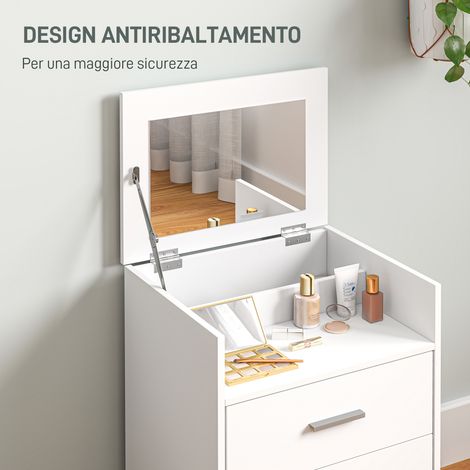 Table de toilette en bois blanc avec miroir rotatif, 2 tiroirs et tabouret inclus, dimensions 50x40x113.5 cm (1/5)
