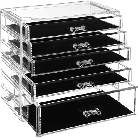 Organizador de maquillaje Juego de 2 cajas de almacenamiento apilables para joyería y maquillaje, 5 cajones, organizador cosmético de espuma de poliestireno transparente 120003526 (1/4)