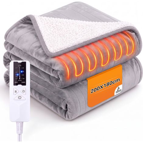 GBLY Couverture chauffante 200×180cm flanelle sherpa lavable 6 niveaux de température minuterie 10h protection surchauffe couverture électrique pour canapé lit bureau maison (1/5)