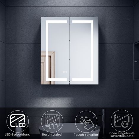 SONNI Armoire de toilette LED avec éclairage Miroir de salle de bain Prise électrique Touch Antibuée Acier inoxydable 60x70cm Charnière sans fil Design (1/5)
