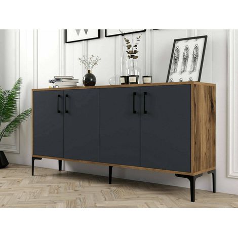 Dmora - Credenza Sestante, Buffet da soggiorno, Madia da salotto, Dispensa da cucina, 160x35h78 cm, Noce e Antracite, con imballo rinforzato, con imballo rinforzato (1/5)