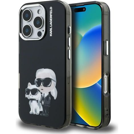 Karl Lagerfeld IML Aquarelle Karl & Choupette & Logo Hülle für iPhone 16 Pro Schwarz (1/5)