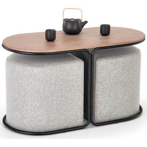 Ensemble table basse et deux poufs en tissu gris URSO (1/5)