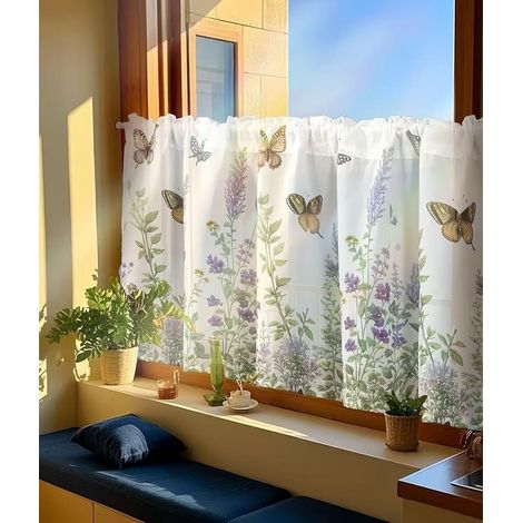 Cortina corta con flores y mariposas - Estilo rústico - Semitransparente - Cortina de ventana estampada (150 x 60 cm) 1 pieza (1/5)