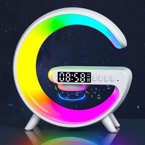 Lampe de Table Intelligente, Lampe atmosphérique de chargeur sans fil avec haut-parleur Bluetooth Feux de course éblouissants 10 Modes Lumières pour bureau Chambre Cadeau