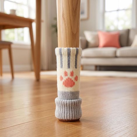 Lot de 8 patins de protection pour pieds de chaise en forme de pattes de chat – chaussettes de chaise en tricot antidérapantes  adaptées aux parquets  anti-rayures et silencieuses (rayures grises) (1/5)