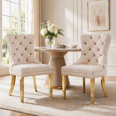 DESMIU Chaise de salle à manger Lot de 2 avec Anneau décoratif, Clous décoratifs et Pieds Réglables en Velours Beige (1/5)