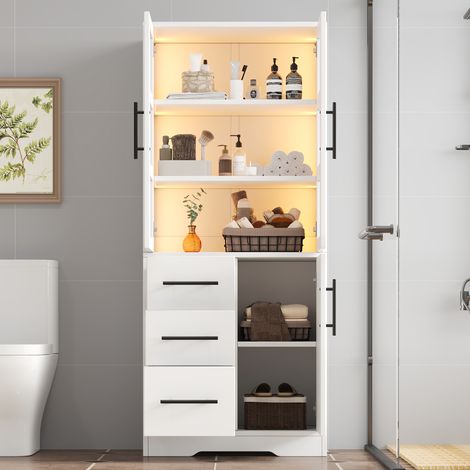 Mobile bagno in MDF e vetro bianco 72 cm con LED, 3 cassetti e 2 ante