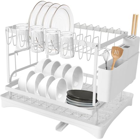 Égouttoir 2 niveaux blanc - Grand capacité - Écoulement 360° - Support couteaux, planches - Pour cuisine, café, bar