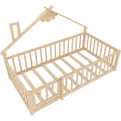 Lit cabane enfant 90 x 190 cm en pin naturel avec barrière et verrou (1/5)