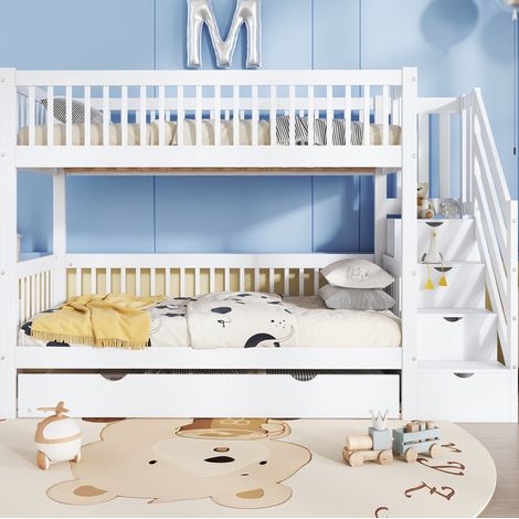 Letto a castello in legno di pino e MDF bianco 90x200 cm con letto estraibile 90x190 cm e scaletta con vano contenitore (1/5)