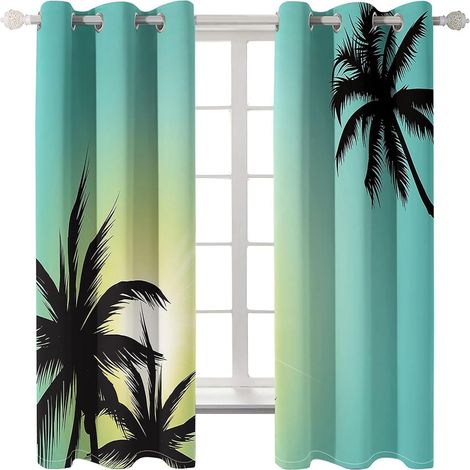 Rideaux à œillets pour chambre d'enfant -Paysage simple de cocotiers bleus 72 x 84 cm -Rideaux 3D -Rideaux perforés opaques d'intérieur -Isolation et réduction du bruit -Applicable à la chambre à - 72 (1/5)