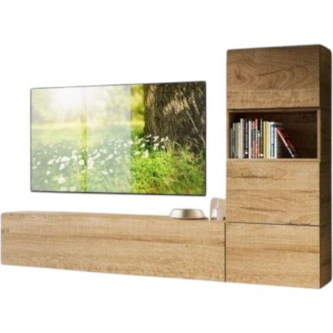 Meuble TV modulable suspendu bois naturel Bela L 234cm - 5 pièces (1/3)