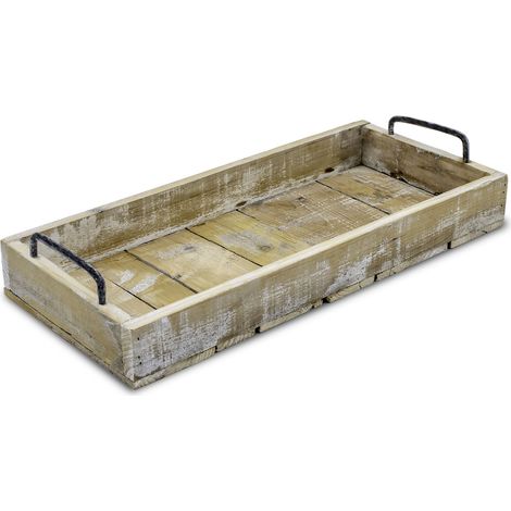 Holz Deko Tablett Used Look mit Griffen aus Metall - 45 x 20 cm - Servier und Kerzen Brett rechteckig - Kerzentablett Tisch Deko Servier Kerzen Naturbrett