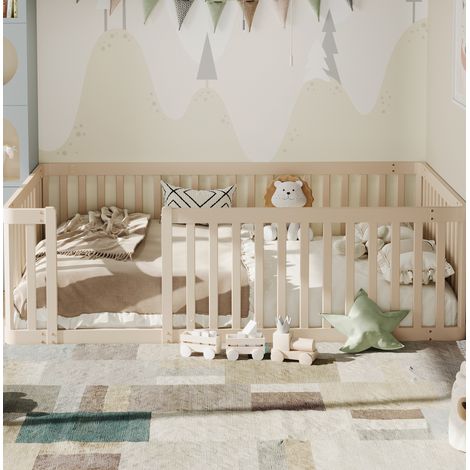 Letto per bambini in legno massello di pino crema 90x200 cm con recinto semicircolare e rete a doghe