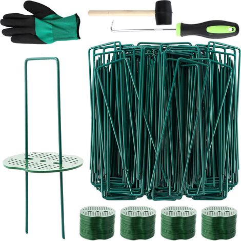 Lot de 100 Piquets de Fixation pour Jardin + 100 Rondelle, 150 x 35 mm Piquet de Jardin en Forme de U, Ø 2.2mm Sardines de Fixation Vert en Acier pour Toiles de Paillages, Filets (1/5)