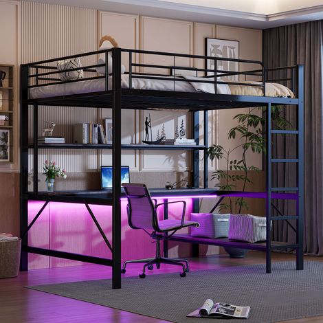 Lit mezzanine, 140200 cm, garde-corps, échelle, avec port USB et prise électrique, avec éclairage LED, bureau, étagère à plusieurs niveaux, sans matelas, métal, noir (1/5)