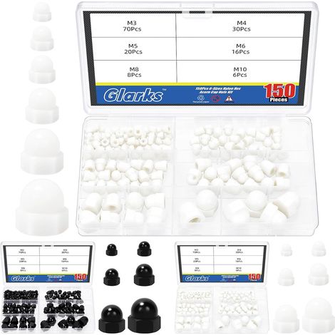150pcs M3/M4/M5/M6/M8/M10 Kit d'écrous de bouchon de glaçon blanc, écrous à dôme hexagonal, écrous à tête de dôme de bouchon hexagonal, écrous à couronne à dôme pour protéger les boulons (1/5)