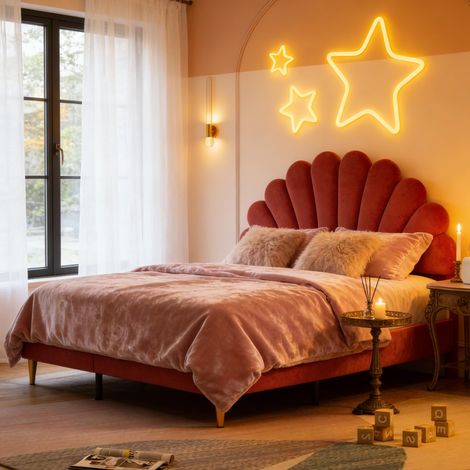 Cama de adulto 140x200cm – Cama doble – Cabecero con forma de pétalo – Comodidad romántica – Ambiente elegante – Base de láminas – Terciopelo burdeos (1/5)