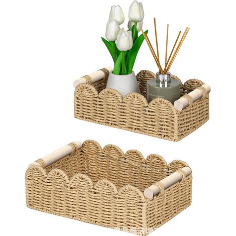 Panier Rangement Osier, Corbeille Rangement Papier Toilette Tressé avec Poignées en Bois,  2 Pièces (1/5)