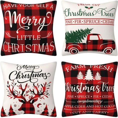 Taie Doreiller - Noel - Lin Et Coton - 45 X 45 Cm - Arbre De Noel Flocon Renne - Lot De 4