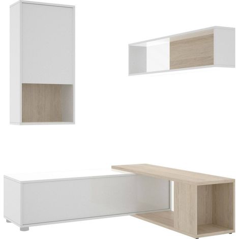 Dmora - Unité murale Denali, Ensemble de salon modulable d'angle, Meuble de salon multiposition, 230x41h180 cm, Blanc et Chêne, avec emballage renforcé (1/5)