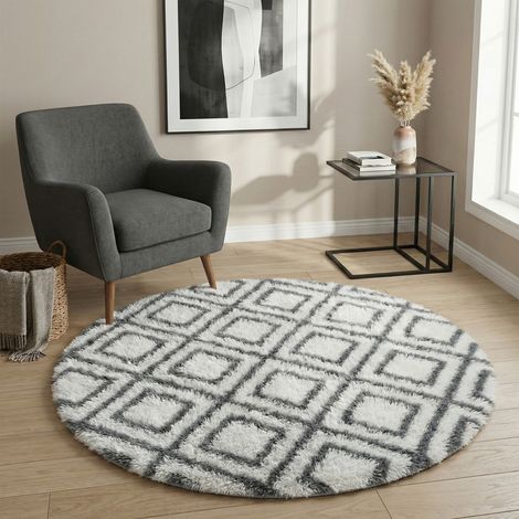 Alfombra redonda para salón, de pelo largo, antideslizante, suave y mullida, 140x140 cm, color blanco cubo.