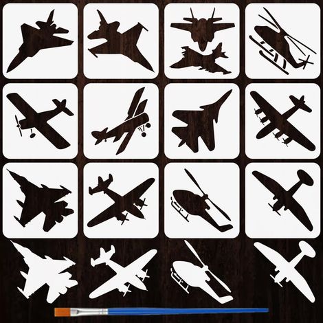 12 Pièces Pochoirs d'Avion avec Pinceau 10x10cm 12 Styles Pochoirs d'Avions Pochoir d'Avion de Chasse Pochoir d'Hélicoptère Gabarit de Thème de Transport pour Peinture sur Bois Mur DIY (1/5)