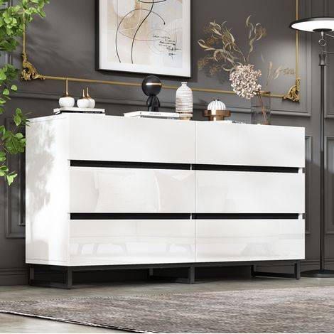 14039,578,5cm Wohnzimmer Sideboard, Wohnzimmerschrank mit 6 Schubladen,Hochglanz-Kommode,Schrank mit 3 Metallbeinen,Beistellschrank mit hervorragender Tragfähigkeit,Weiß+Schwarz (1/5)