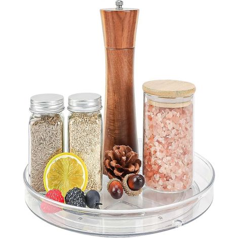 Plateau tournant de 27 cm / 10,62 pouces pour épices et condiments, rangement de cuisine, plateau pivotant transparent pour réfrigérateur et placard, plateau rond. (1/5)