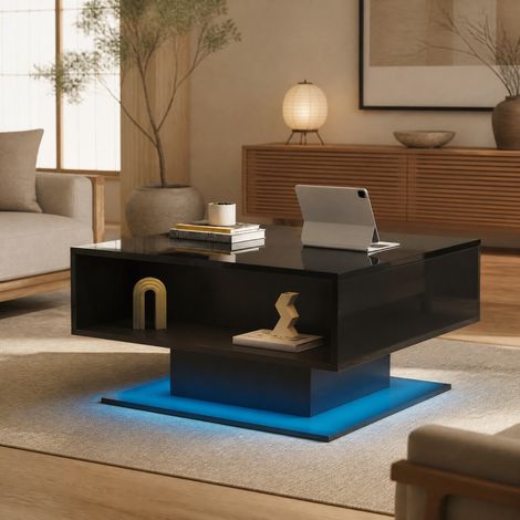 Tavolino da caffè sollevabile 80 x 75 x 40 cm con vano contenitore, LED, nero DESVIAE (1/5)
