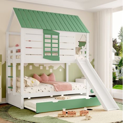 Litera infantil de madera blanco y verde 90x200 cm con diseño de casa, tobogán y cama nido (1/5)