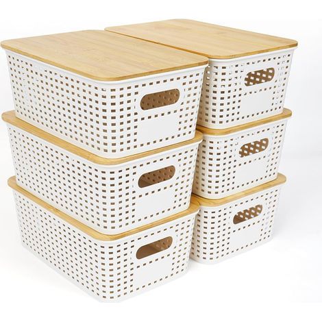 Set mit 6 stapelbaren Aufbewahrungsboxen mit Bambusdeckeln – Kunststoff – Weiß – 25,6 x 18 x 10,7 cm (1/5)